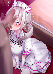 Rule 34 | 1boy, 1girl, bandaged arm, bandages, blush, breasts, censored, cross hat ornament, erection, eyes visible through hair, hair ornament, hair over one eye, hat, hetero, imminent fellatio, large breasts, large penis, long hair, looking at penis, mole, mole under eye, mosaic censoring, nijisanji, nude, nurse, nurse cap, open mouth, penis, penis awe, penis on face, penis over eyes, smelling, smelling penis, sukoya kana, sukoya kana (1st costume), sweat, testicles, twitching penis, veins, veiny penis, virtual youtuber, white wrist cuffs, wrist cuffs, x, x hair ornament, xwu