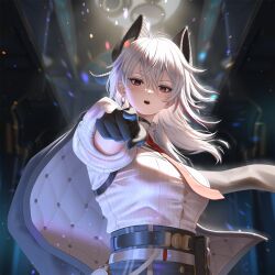 Rule 34 | 1girl, absurdres, black gloves, black horns, black jacket, breasts, button gap, commentary, cowboy shot, cupman, curled horns, earrings, gloves, hair between eyes, highres, horns, indoors, jacket, jacket on shoulders, jewelry, key earrings, large breasts, long hair, looking at viewer, multicolored hair, necktie, open mouth, pointing, pointing at viewer, red eyes, red necktie, scolding, shirt, shirt tucked in, solo, streaked hair, white shirt, wuthering waves, zani (wuthering waves)