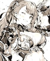 1girl ;d arm_armor armor beatrix_(granblue_fantasy) blush breasts cleavage cleavage_cutout clothing_cutout granblue_fantasy grin highres holding holding_weapon large_breasts looking_at_viewer monochrome monogrbl navel one_eye_closed open_mouth ponytail shoulder_armor smile solo teeth weapon