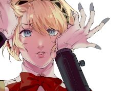 1girl aigis_(persona) android blonde_hair bow bowtie collar gloves hair_between_eyes hairband hands_on_own_face highres kurorium looking_at_viewer mechanical_arms parted_lips persona persona_3 red_bow red_bowtie robot_girl short_hair solo upper_body white_background white_collar white_gloves