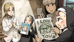6+girls :d ^_^ bird blonde_hair brown_eyes brown_hair chicken closed_eyes clumsy_nun_(diva) commentary diva_(hyxpk) drawing_(object) duck english_commentary freckles froggy_nun_(diva) grey_hair highres hug little_nuns_(diva) long_hair multiple_girls nervous_sweating nun open_mouth sheep_nun_(diva) shirt smile strict_nun&#039;s_mother_(diva) strict_nun_(diva) sweat tearing_up traditional_nun triangle_mouth white_shirt