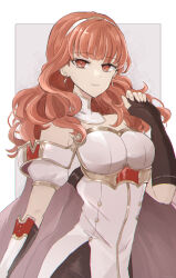 1girl armor black_gloves black_skirt breastplate breasts cape celica_(fire_emblem) choker dress earrings esuda0919 fingerless_gloves fire_emblem fire_emblem_echoes:_shadows_of_valentia gloves highres jewelry long_hair medium_breasts nintendo princess red_eyes red_hair skirt solo tiara white_armor white_dress