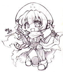 1girl :d armored_boots assassin_cross_(ragnarok_online) boots breasts cape character_name commentary_request fang full_body greyscale hat kamui_setsuna large_breasts leotard long_hair looking_at_viewer monochrome open_mouth ragnarok_online scarf short_hair simple_background smile solo star-shaped_pupils star_(symbol) symbol-shaped_pupils thick_eyebrows thighhighs torn_cape torn_clothes torn_scarf waist_cape