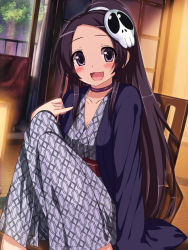 Rule 34 | 1girl, bad id, bad pixiv id, black hair, blush, choker, elysia de lute ima, female focus, hair ornament, japanese clothes, kami nomi zo shiru sekai, long hair, looking at viewer, open mouth, ponytail, purple eyes, sitting, skull hair ornament, solo, wataru (zazazazazazawa)