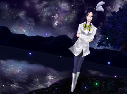 Rule 34 | 1girl, asakura rikako, female focus, glasses, hair ornament, lennard hirao, long hair, night, purple eyes, purple hair, smile, solo, touhou, water