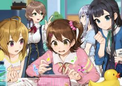 5girls :d ahoge bag beamed_eighth_notes black_hair blonde_hair blue_eyes bottle braid brown_eyes brown_hair cardigan cellphone clenched_hand dress eighth_note frilled_sleeves frills green_eyes grey_hair hair_ornament hair_scrunchie hairclip half_updo handbag highres hitoto ibuki_tsubasa idolmaster idolmaster_million_live! idolmaster_million_live!_theater_days index_finger_raised indoors jewelry kasuga_mirai long_hair mogami_shizuka multiple_girls musical_note musical_note_necklace necklace one_side_up open_mouth phone pink_cardigan pink_eyes pink_scrunchie playing_games profile quarter_note raglan_sleeves ribbon rubber_duck sakuramori_kaori scrunchie shiraishi_tsumugi shirt short_hair short_sleeves smartphone smile t-shirt treble_clef underbust water_bottle wavy_mouth white_dress