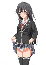 1girl black_hair black_jacket black_thighhighs blue_eyes blush breasts closed_mouth clothes_lift cowboy_shot hair_ribbon highres jacket konoyan lifting_own_clothes long_hair looking_at_viewer miniskirt neck_ribbon plaid_clothes plaid_skirt raised_eyebrows red_ribbon ribbon school_uniform shirt simple_background skirt skirt_lift small_breasts sobu_high_school_uniform solo thighhighs tress_ribbon very_long_hair white_background white_shirt yahari_ore_no_seishun_lovecome_wa_machigatteiru. yukinoshita_yukino
