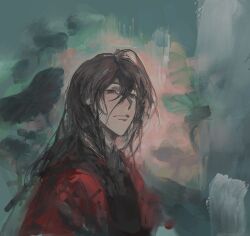 1boy ahoge black_eyes black_hair black_hanfu chinese_clothes chinese_commentary closed_mouth coat dao_gui_yi_xian hair_between_eyes hair_down hanfu highres ji_zai li_huowang long_hair looking_at_viewer lotus_leaf maladajiangchaokaisailu male_focus messy_hair painterly parted_lips partially_submerged red_coat solo upper_body water wet wet_hair