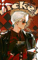 1boy absurdres aqua_eyes black_jacket black_necktie buttons chinese_commentary closed_mouth collared_shirt commentary_request eye_print fang_ting gun handgun highres holding holding_gun holding_weapon jacket jacket_on_shoulders long_sleeves male_focus necktie original red_shirt shirt short_hair smile solo sunglasses tie_clip upper_body weapon white_hair