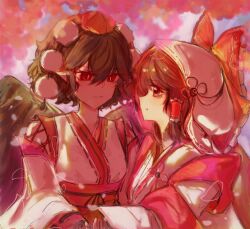 2girls :t alternate_costume bow breasts brown_eyes brown_hair chinese_commentary closed_mouth commentary_request detached_sleeves eye_contact frilled_bow frilled_hair_tubes frills hair_bow hair_tubes hakurei_reimu hat highres huai_qiong_feng_ling_mian japanese_clothes kimono kourindou_tengu_costume long_hair looking_at_another multiple_girls obi official_alternate_costume pointy_ears pom_pom_(clothes) pout red_bow red_hat sash shameimaru_aya shiromuku short_hair tokin_hat touhou uchikake white_kimono wings yuri