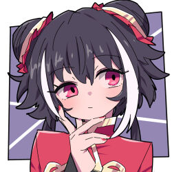 1girl an_apple_akaao black_hair border chinese_clothes double_bun hair_bun jia_xichun_(project_moon) limbus_company long_hair long_sleeves looking_at_viewer multicolored_hair pink_eyes project_moon purple_background red_nails red_shrug simple_background solo streaked_hair twintails upper_body white_border white_hair