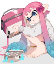 Rule 34 | 1girl, :o, barefoot, blue eyes, blue hair, colored tips, feet, full body, highres, inkling, inkling girl, inkling player character, long hair, multicolored hair, nintendo, pink hair, pointy ears, sabata saba, sloshing machine (splatoon), solo, splatoon (series), splatoon 3, squee-g, tentacle hair, thick eyebrows, toes, two-tone hair, very long hair, white background