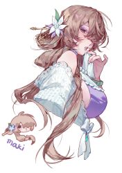 1girl absurdres bracelet breasts brown_hair character_request chibi chibi_inset copyright_request flower from_side hair_flower hair_ornament hair_over_one_eye hair_stick highres jewelry kako_(pixiv77158173) long_hair looking_at_viewer mole mole_under_eye multiple_views parted_lips simple_background white_background