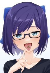 1girl a-chan_(1st_costume)_(hololive) a-chan_(hololive) ai_(u_e_o_o) black-framed_eyewear black_shirt blue_bow blue_eyes blue_hair blush bow glasses hair_bow highres hololive key looking_at_viewer nail_polish open_mouth pink_nails shirt short_hair smile solo teeth upper_teeth_only virtual_youtuber white_background
