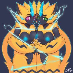 2girls animal_ears animal_hands blue_nipples body_fur breasts cat_ears claws colored_nipples drakeraynier electricity fangs furry gen_7_pokemon green_eyes highres legendary_pokemon multiple_girls mythical_pokemon nintendo nipples pink_eyes pokemon slit_pupils whiskers yellow_fur yuri zeraora