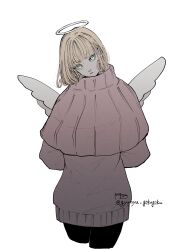 Rule 34 | 1girl, absurdres, angel wings, arms behind back, black leggings, blonde hair, cowboy shot, curly hair, green eyes, gyunyu gokugoku, halo, head tilt, highres, jujutsu kaisen, kurusu hana, leggings, looking at viewer, pink sweater, solo, sweater, turtleneck, turtleneck sweater, white background, white halo, white wings, wings