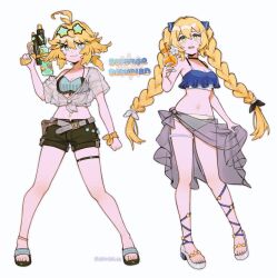 Rule 34 | 2girls, ahoge, alternate costume, alternate hairstyle, aqua bikini, aqua eyes, artist name, belt, bikini, blonde hair, braid, breasts, character name, cleavage, closed mouth, cup, dokibird (vtuber), dokibird (vtuber) (bounty hunter), dokibird (vtuber) (retro doki), drink, drinking glass, eyewear on head, fang, full body, green eyes, highres, holding, holding drink, holding water gun, indie virtual youtuber, long hair, looking at viewer, medium breasts, medium hair, multiple girls, navel, open mouth, renkkai, sandals, shorts, simple background, skin fang, smile, sunglasses, swimsuit, twin braids, very long hair, virtual youtuber, water gun, white background, white bikini