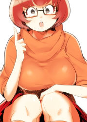 1girl animification blush bob_cut breasts brown_hair female_focus freckles glasses index_finger_raised knees large_breasts naso4 orange_shirt scooby-doo semi-rimless_eyewear shirt short_hair skirt sleeves_rolled_up socks solo squatting sweater turtleneck under-rim_eyewear velma_dinkley
