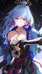 1girl adversarial_noise armor ayaka_(genshin_impact) black_armor blue_eyes blue_hair blue_jacket breastplate broken_armor chest_sarashi closed_mouth collarbone cropped_jacket dou genshin_impact gold_choker hair_ornament hair_ribbon highres holding holding_sword holding_weapon jacket japanese_armor kamisato_clan_(emblem) katana kusazuri long_hair mole mole_under_eye open_clothes open_jacket ponytail re0n red_ribbon ribbon sarashi scabbard sheath single_bare_shoulder single_off_shoulder solo sword tassel unsheathing weapon
