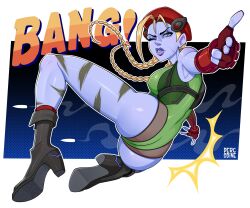 1girl artist_name ass beret black_boots blonde_hair blue_eyes boots cammy_white cammy_white_(cosplay) commentary cosplay fingerless_gloves gloves green_leotard hat high_heel_boots high_heels highres leotard long_hair looking_at_viewer one_eye_closed overwatch percodine red_gloves red_hat solo street_fighter widowmaker_(overwatch)