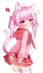 1girl ahoge animal_ear_fluff animal_ears arm_at_side ass blush bow cardigan cat_ears cat_girl cat_tail closed_mouth clothes_lift cowboy_shot embarrassed flying_sweatdrops from_behind from_side hair_between_eyes hair_bow hair_ribbon highres hoshino_reiji lifted_by_tail long_hair long_sleeves looking_at_viewer looking_to_the_side miniskirt neckerchief open_cardigan open_clothes original panties pantyshot pink_bow pink_cardigan pink_eyes pink_hair pink_panties pink_ribbon pink_stripes pleated_skirt red_neckerchief red_sailor_collar red_skirt ribbon sailor_collar school_uniform serafuku shirt simple_background skirt skirt_lift skirt_tug sleeves_past_wrists solo squiggle striped_clothes striped_panties sweat tail tail_raised thighhighs turning_head twintails underwear v-shaped_eyebrows white_background white_shirt white_stripes white_thighhighs