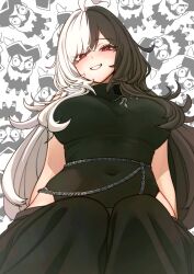 Rule 34 | ahoge, bare shoulders, belly chain, black hair, black pants, breasts, codename rose, floral print, heattech leotard, highleg, highleg leotard, highres, jewelry, large breasts, leotard, long hair, looking down, multicolored hair, narrow waist, navel, pants, red eyes, seductive smile, simple background, skindentation, sleeveless, sleeveless turtleneck leotard, smile, split-color hair, teeth, turtleneck, two-tone hair, waktaverse, white background, white hair, wide hips, yoongel
