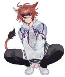 Rule 34 | ahoge, animal ears, black pants, black streaks, blue eyes, cat boy, cat ears, chinese commentary, drawstring, final fantasy, final fantasy xiv, grey jacket, highres, hood, hoodie, jacket, jacket over hoodie, kemonomimi mode, male focus, miqo&#039;te, multicolored hair, multicolored jacket, pants, red hair, short hair, simple background, smile, squatting, streaked hair, sumino takumi, syuu 1125, tail, the hundred line -last defense academy-, tiptoes, two-tone jacket, white hoodie, white jacket