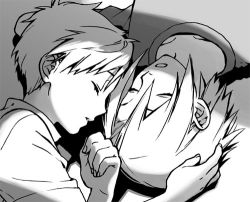 2boys aged_down alphonse_elric bishounen black_outline brothers child close-up closed_eyes collarbone collared_shirt darkness dress_shirt edward_elric expressionless eyelashes face-to-face fingernails floor fullmetal_alchemist greyscale hand_on_another&#039;s_head light lowres lying male_focus medium_hair monochrome multiple_boys naoko_(naonocoto) on_back on_floor on_side outline parted_bangs parted_lips profile rotational_symmetry shadow shirt siblings sidelighting sleeping snoring swept_bangs upper_body