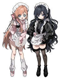 2girls :d alternate_costume apron black_hair black_jacket black_shoes black_thighhighs churubyjain enmaided final_fantasy final_fantasy_xiv fishnet_thighhighs fishnets full_body gaia_(ff14) hair_ribbon hands_on_own_hips highres holding holding_plate hyur jacket leg_warmers long_hair looking_at_viewer maid maid_headdress multiple_girls open_mouth orange_hair pink_jacket plate ribbon ryne_waters shoes simple_background smile swept_bangs thighhighs track_jacket v waist_apron white_apron white_background