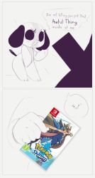 1girl 1other 2koma angry animal_ears blank_eyes cleft_of_venus comic dog_ears dog_girl dog_tail english_text flat_chest freckles furry furry_female kekitopu multiple_views nintendo_switch open_mouth partially_colored pointing pokemon pokemon_swsh pussy pussy_peek sexually_suggestive silhouette sketch speech_bubble spoken_expression switch_dog tail talking v-shaped_eyebrows video_game_cover_(object)