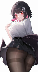 1girl absurdres ass black_hair black_skirt breasts brown_pantyhose candy colored_inner_hair commentary ellen_joe fins fish_tail food highres holding holding_candy holding_food holding_lollipop lollipop medium_breasts mole mole_under_eye multicolored_hair pantyhose parted_lips pink_hair pleated_skirt red_eyes shark_girl shark_tail shirt simple_background skirt solo tail usagi_(786113654) white_background white_shirt zenless_zone_zero