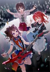3girls absurdres amano_(amn_amn) armlet bang_dream! black_shirt black_shorts bocchi_the_rock! bow bowtie brown_hair chibi commentary_request cone_hair_bun crossover electric_guitar genre_connection girls_band_cry green_eyes guitar hair_bun hair_ornament hairclip half-skirt highres holding holding_guitar holding_instrument holding_plectrum instrument iseri_nina jewelry kessoku_band_t-shirt kita_ikuyo low_twintails medium_hair medium_skirt multiple_girls open_mouth pinky_out plaid_clothes plaid_skirt plectrum purple_eyes red_bow red_bowtie red_hair red_skirt shikai_no_sumi_kuchiru_oto shirt short_hair short_sleeves short_twintails shorts shorts_under_skirt skirt sleeveless sleeveless_shirt star_(symbol) star_hair_ornament thigh_strap toyama_kasumi twintails white_shirt white_skirt