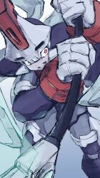 Rule 34 | 1boy, armor, blue hair, cowboy shot, energy blade, fins, grey background, head fins, helmet, holding, holding scythe, lemon inu, long hair, male focus, mega man (series), mega man zx, model w (mega man), prometheus (mega man), purple armor, purple helmet, red eyes, scythe, simple background, skull-shaped hat, smirk, solo, white helmet