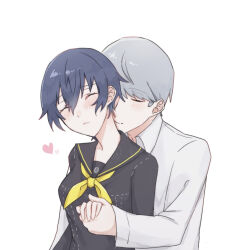 1boy 1girl black_sailor_collar black_shirt blue_hair blush closed_eyes closed_mouth commentary_request couple grey_hair heart hetero holding_hands kiss kissing_neck konpekisan long_sleeves narukami_yu neckerchief official_alternate_costume persona persona_4 sailor_collar school_uniform shirogane_naoto shirt simple_background white_background white_shirt yasogami_school_uniform yellow_neckerchief