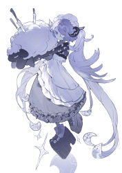 1girl :o absurdres animal belt belt_buckle black_belt black_gloves black_horns black_shirt black_shoes black_sleeves buckle crescent crescent_hair_ornament crescent_print eyepatch frilled_skirt frills full_body gloves grey_skirt hair_ornament high-waist_skirt highres holding holding_animal horns knife lankilanki layered_skirt long_hair long_skirt long_sleeves looking_at_viewer medical_eyepatch one-eyed original parted_lips purple_eyes purple_hair purple_socks reflective_floor sheep sheep_horns shirt shoe_belt shoes simple_background skirt socks solo star_(sky) twintails very_long_hair watermark weibo_watermark white_background white_headdress white_skirt