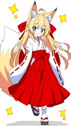 Rule 34 | 1girl, absurdres, ahoge, animal ear fluff, animal ears, black sandals, blonde hair, blush, closed mouth, commentary request, dot nose, flower, fox ears, fox girl, fox tail, full body, hair flower, hair ornament, hair ribbon, hakama, hakama skirt, highres, japanese clothes, kimono, kotatsu-mazoku, long hair, long sleeves, looking at viewer, miko, miko fox girl (kotatsu-mazoku), okobo, original, platform sandals, red hakama, red ribbon, ribbon, ribbon-trimmed sleeves, ribbon trim, sandals, simple background, skirt, socks, solo, sparkle, standing, tabi, tail, white background, white kimono, white socks, wide sleeves