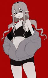 1girl absurdres anemoneeanemone bare_legs bare_shoulders black_bra black_eyes black_shorts borrowed_character bra collarbone cowboy_shot double-parted_bangs grey_hair hair_between_eyes hair_intakes hair_ornament hair_scrunchie hands_in_pockets highres jacket long_hair looking_at_viewer low_twintails mavie_(justadrian) mole mole_on_thigh mole_under_eye mole_under_mouth navel off_shoulder open_clothes open_jacket original parted_lips partially_unzipped pointy_ears red_background red_scrunchie scrunchie short_shorts shorts sidelocks simple_background solo twintails underwear