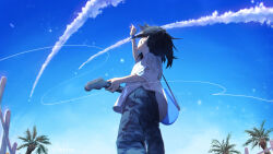 1other absurdres ambiguous_gender arm_up artist_name black_hair blue_sky commentary commentary_request contrail english_commentary fence from_behind from_below grey_pants guitar highres holding holding_guitar holding_instrument holding_plectrum instrument kakko_(hibiki_bellfox) looking_up medium_hair messy_hair mixed-language_commentary original outdoors palm_tree pants plectrum shirt short_sleeves signature sky solo tree white_shirt wooden_fence