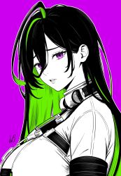 1girl absurdres black_hair breasts chain commentary english_commentary goddess_of_victory:_nikke green_skirt guilty_(nikke) highres large_breasts long_hair looking_at_viewer lughost parted_lips portrait purple_background purple_eyes restraints skirt straitjacket