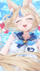 Rule 34 | 1girl, absurdres, animal ear fluff, animal ears, bikini, bikini under clothes, blonde hair, blue bikini, blue hair, blue sailor collar, blue sky, blunt bangs, blurry, cat ears, closed eyes, commentary, day, dress, facing viewer, fangs, floating hair, frilled shirt collar, frills, front slit, highres, indie virtual youtuber, long hair, multicolored hair, navel, open mouth, outdoors, sailor collar, sameko saba, sky, sleeveless, sleeveless dress, smile, solo, streaked hair, swimsuit, teeth, upper body, upper teeth only, virtual youtuber, white dress, white hair, yoellim5