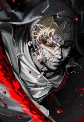 1boy black_sclera blackbox_(blackbox9158) blonde_hair blood blood_on_mask colored_sclera commentary cowl cracked_mask elden_ring hashtag-only_commentary hood hood_up looking_at_viewer male_focus mask multicolored_eyes orange_eyes short_hair solo two-tone_eyes white-faced_varre yellow_eyes