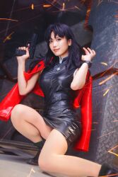1girl absurdres asian black_dress breasts cosplay cosplay_photo cross cross_necklace dress gun h&amp;k_usp handgun highres jacket jacket_on_shoulders jewelry katsuragi_misato katsuragi_misato_(cosplay) legs looking_at_viewer minidress miniskirt necklace neon_genesis_evangelion photo_(medium) purple_hair real_life red_jacket skirt thighs tight_clothes tight_dress watch weapon wristwatch