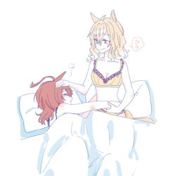Rule 34 | 2girls, absurdres, agnes tachyon (umamusume), animal ears, bare arms, bare shoulders, bow, bow bra, bra, breasts, brown bra, brown hair, brown panties, cleavage, collarbone, hair between eyes, hand on another&#039;s head, heart, highres, horse ears, horse girl, horse tail, jungle pocket (umamusume), multiple girls, orange eyes, panties, pillow, seila rei, simple background, small breasts, smile, spoken heart, tail, umamusume, under covers, underwear, underwear only, white background