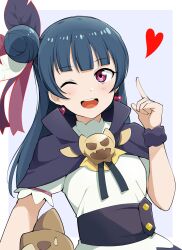 1girl barkhorn0331 blue_hair earrings feather_hair_ornament hair_bun hair_ornament heart heart_earrings jewelry looking_at_viewer love_live! love_live!_sunshine!! medium_hair one_eye_closed open_mouth purple_eyes simple_background standing tsushima_yoshiko wink yohane_(genjitsu_no_yohane)