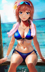 1girl absurdres bikini blue_bikini blue_eyes blue_sky breasts cleavage day eyewear_on_head flower front-tie_bikini_top front-tie_top grace16 hair_bun hair_flower hair_ornament highres jewelry knees large_breasts looking_at_viewer medium_hair navel necklace ocean outdoors side-tie_bikini_bottom single_hair_bun sitting sky smile solo stomach sunglasses swimsuit thighs towel towel_around_neck variant_set yahari_ore_no_seishun_lovecome_wa_machigatteiru. yuigahama_yui