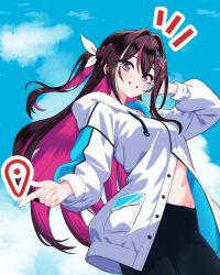 1girl absurdres alternate_costume azki_(hololive) black_pants blue_sky braid brown_hair buttons colored_inner_hair commentary_request eyelashes grin groin hair_ornament hairclip half_up_half_down_braid hand_up highres hololive hood hood_down hooded_jacket index_finger_raised jacket kaname_aizuki long_hair long_sleeves map_pin midriff mole mole_under_eye multicolored_hair navel notice_lines pants pink_hair ponytail purple_eyes short_ponytail sidelocks sky smile solo stomach streaked_hair tucking_hair very_long_hair virtual_youtuber white_hair white_jacket