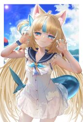 1girl ahoge animal_ears blue_bow blue_eyes blue_hair blue_nails blue_sky bow cat_ears closed_mouth cloud dress fins fish_girl fish_tail hair_bow highres indie_virtual_youtuber lifebuoy_hair_ornament long_hair looking_at_viewer low_twintails multicolored_hair nail_polish one_side_up sameko_saba sky sleeveless sleeveless_dress smile solo streaked_hair sylphynia tail twintails very_long_hair virtual_youtuber white_dress