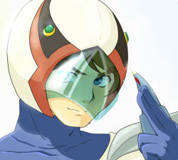 1boy bad_id bad_pixiv_id blue_eyes blue_gloves brown_hair closed_mouth gatchaman gloves hand_up helmet ken_the_eagle looking_at_viewer male_focus retro_artstyle simple_background smile solo visor weapon white_background