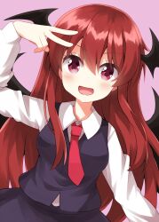1girl :d black_skirt black_vest black_wings blush collared_shirt commentary cowboy_shot demon_wings hand_up head_wings highres koakuma long_hair long_sleeves looking_at_viewer necktie open_mouth pink_eyes purple_background red_hair red_necktie ruu_(tksymkw) shirt simple_background skirt smile solo touhou v vest white_shirt wings