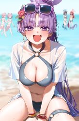 5girls absurdres bikini black_bikini blue_archive blurry blurry_background blush bracelet breasts chlorella_observation_club_member_(swimsuit)_(blue_archive) cleavage eyeshadow eyewear_on_head fang halo haori highres jacket japanese_clothes jewelry kikyou_(blue_archive) kikyou_(swimsuit)_(blue_archive) large_breasts long_hair looking_at_viewer makeup multiple_bracelets multiple_girls o-ring o-ring_bikini ocean official_alternate_costume official_alternate_hairstyle open_mouth purple-framed_eyewear purple_hair purple_halo red_eyeshadow renge_(blue_archive) renge_(swimsuit)_(blue_archive) see-through_clothes see-through_jacket skin_fang smile solo_focus sunglasses swimsuit tai_saka thighs very_long_hair white_haori yukari_(blue_archive) yukari_(swimsuit)_(blue_archive)